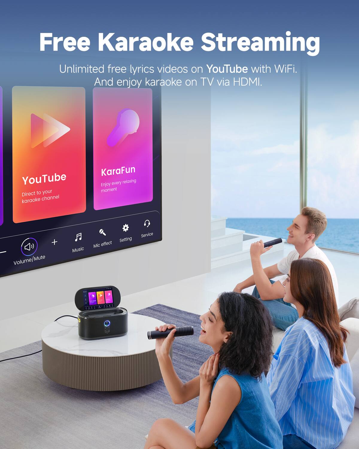 Free Karaoke Streaming

Unlimited free lyrics videos on YouTube with WiFi. And enjoy karaoke on TV via HDMI.

YouTube
Direct to your karaoke channel!

Karafun
Enjoy every relaxing moment

Volume/Mute
Music
Mic effect
Setting
Service