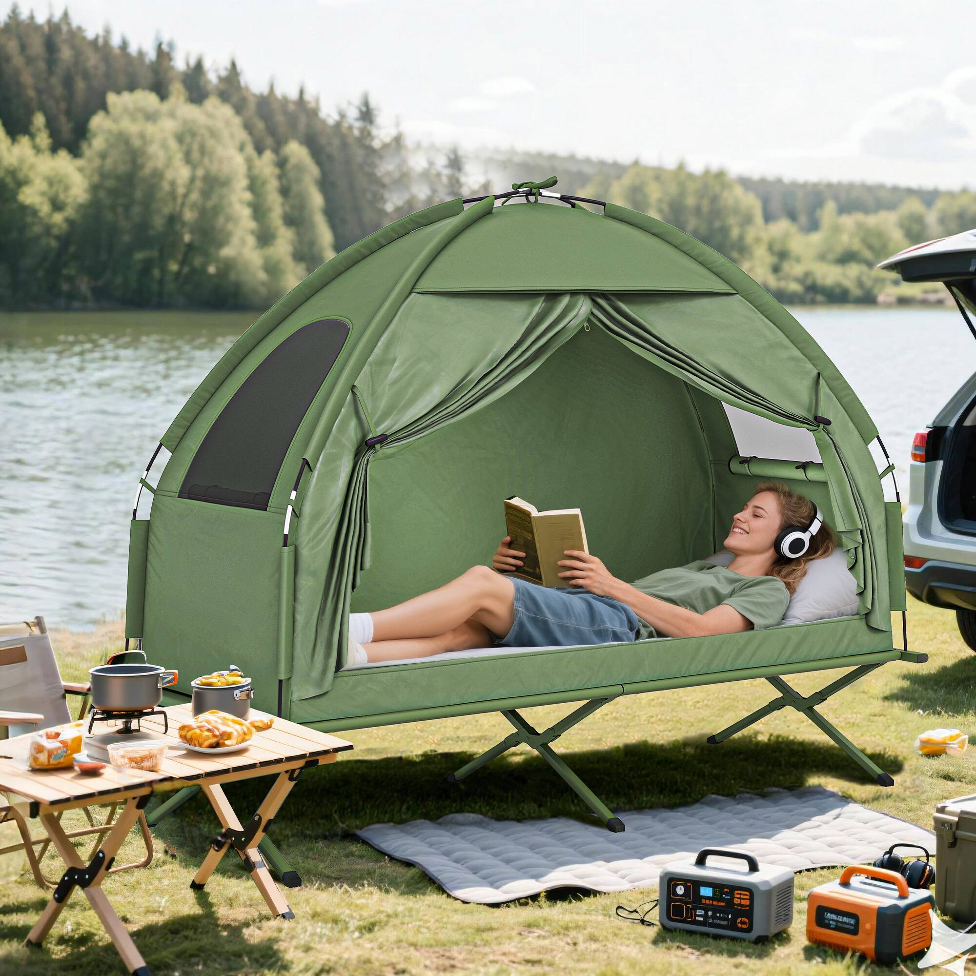 Alt View 1. Outsunny - Camping Tent Cot, Single Person Folding Cot Combo, Off-Ground Tent, Covered Outdoor Bed with Carry Bag - Green.