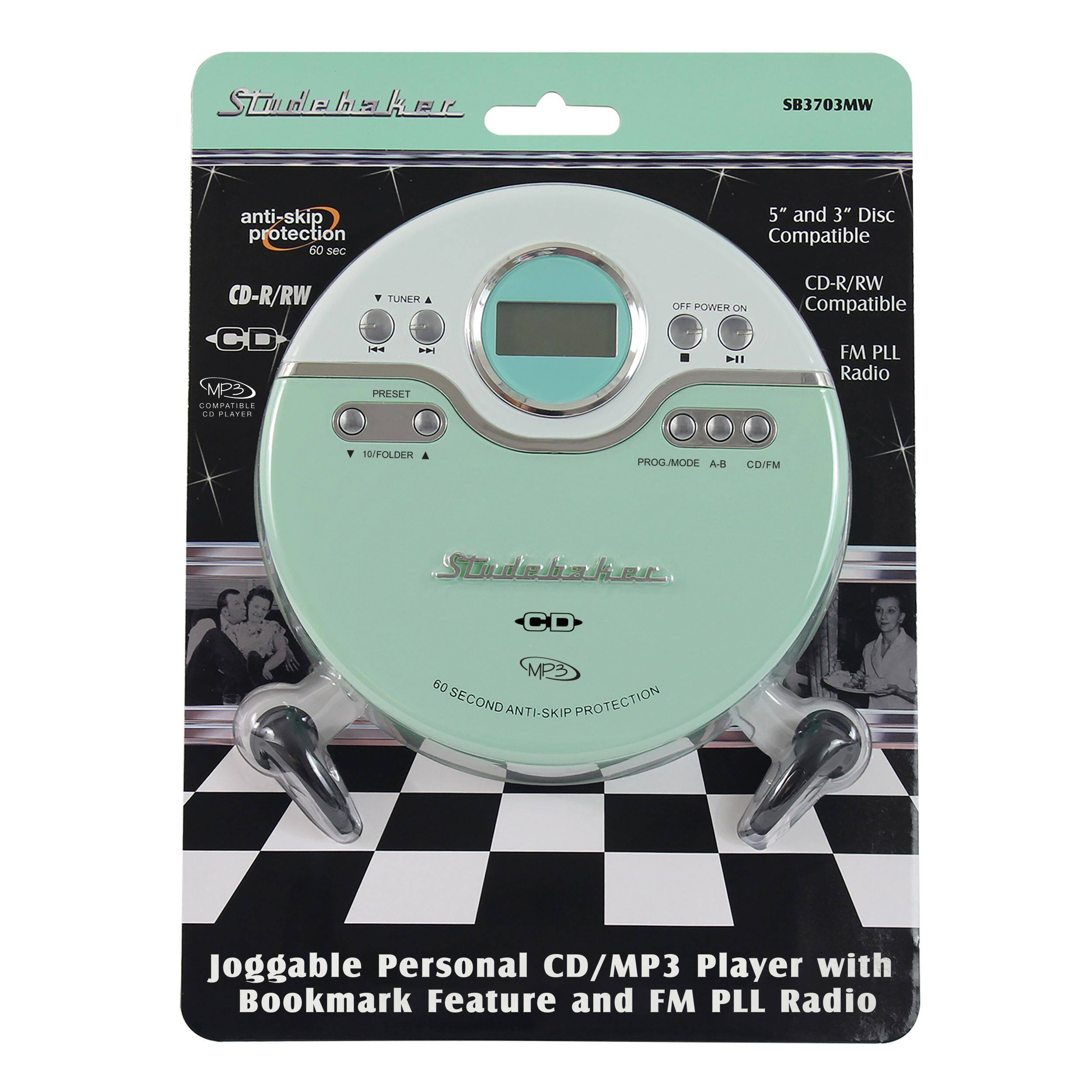 Studebaker SB3703MW

- Anti-skip protection 60 sec
- 5" and 3" Disc Compatible
- CD-R/RW Compatible
- MP3 CD Player
- FM PLL Radio
- 10/FOLDER
- PROG/MODE A-B
- CD/FM
- PRESET OFF POWER ON
- Joggable Personal CD/MP3 Player with Bookmark Feature and FM PLL Radio

60 SECOND ANTI-SKIP PROTECTION