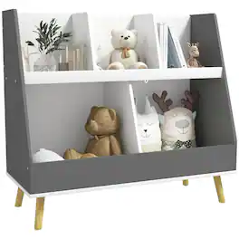 Ecooso - Kids Bookcase Toy Storage Shelf, 2 Tier Organizer with 5 Compartments and Anti-Tip Design for Playroom - Gray