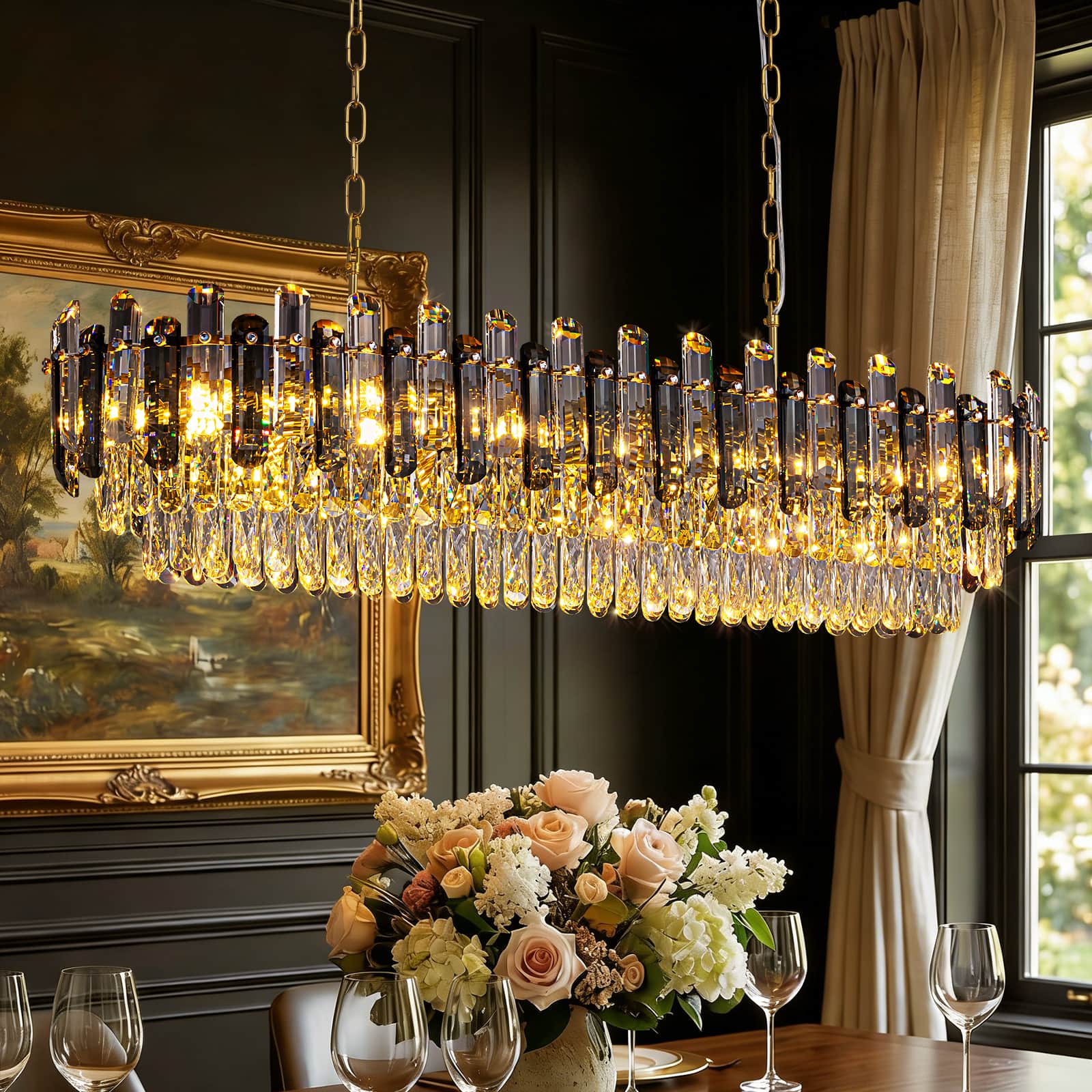Front. Siljoy - 47.2-inch Luxury K9 Gold Crystal Chandelier Dimmable Height-Adjustable E12 for Dining Room Kitchen Island Living Room - Gold.
