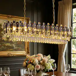 Siljoy - 47.2-inch Luxury K9 Crystal Chandelier Dimmable Height-Adjustable E12 for Dining Room Kitchen Island Living Room - Gold