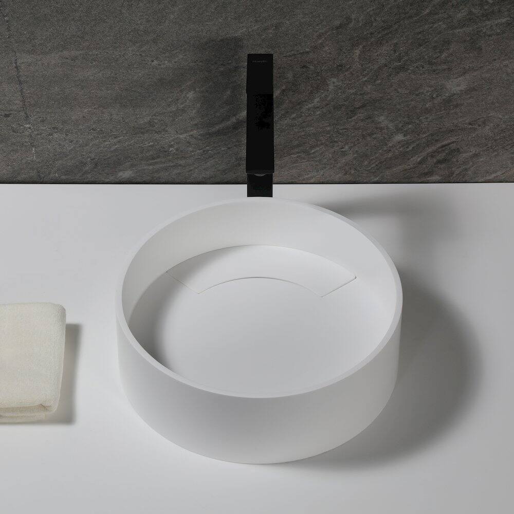 Back. Alfi - 15" Round White Matte Solid Surface Resin Sink - White.