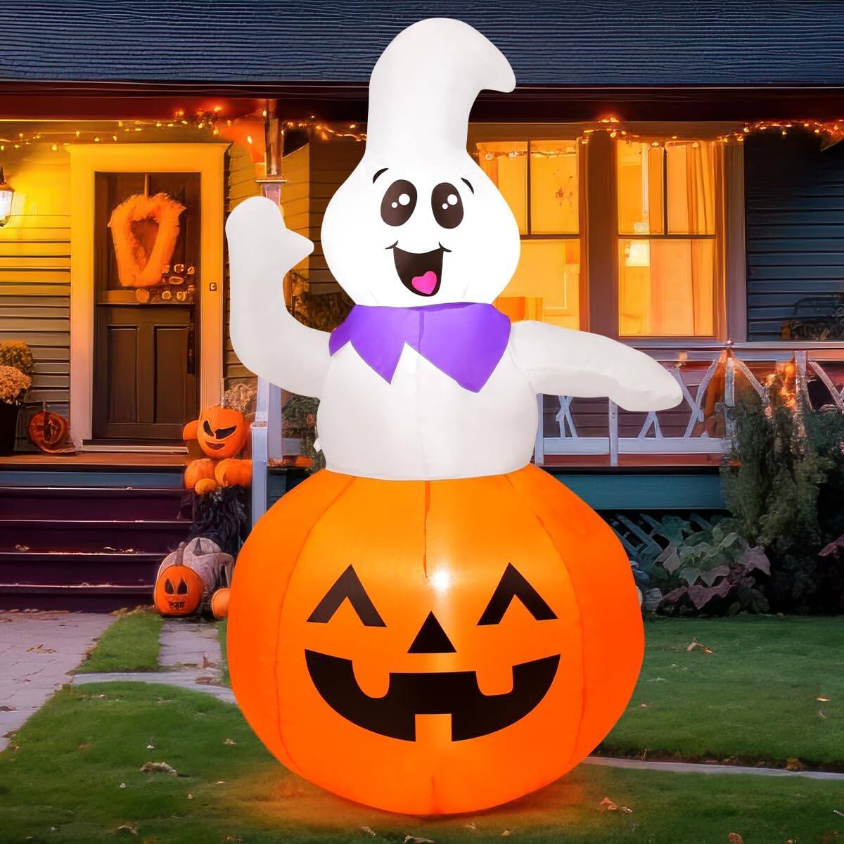 Angle. GOOSH Inflatables - GOOSH 5 FT Halloween Inflatable Outdoor Ghost Sitting on The Pumpkin - White.