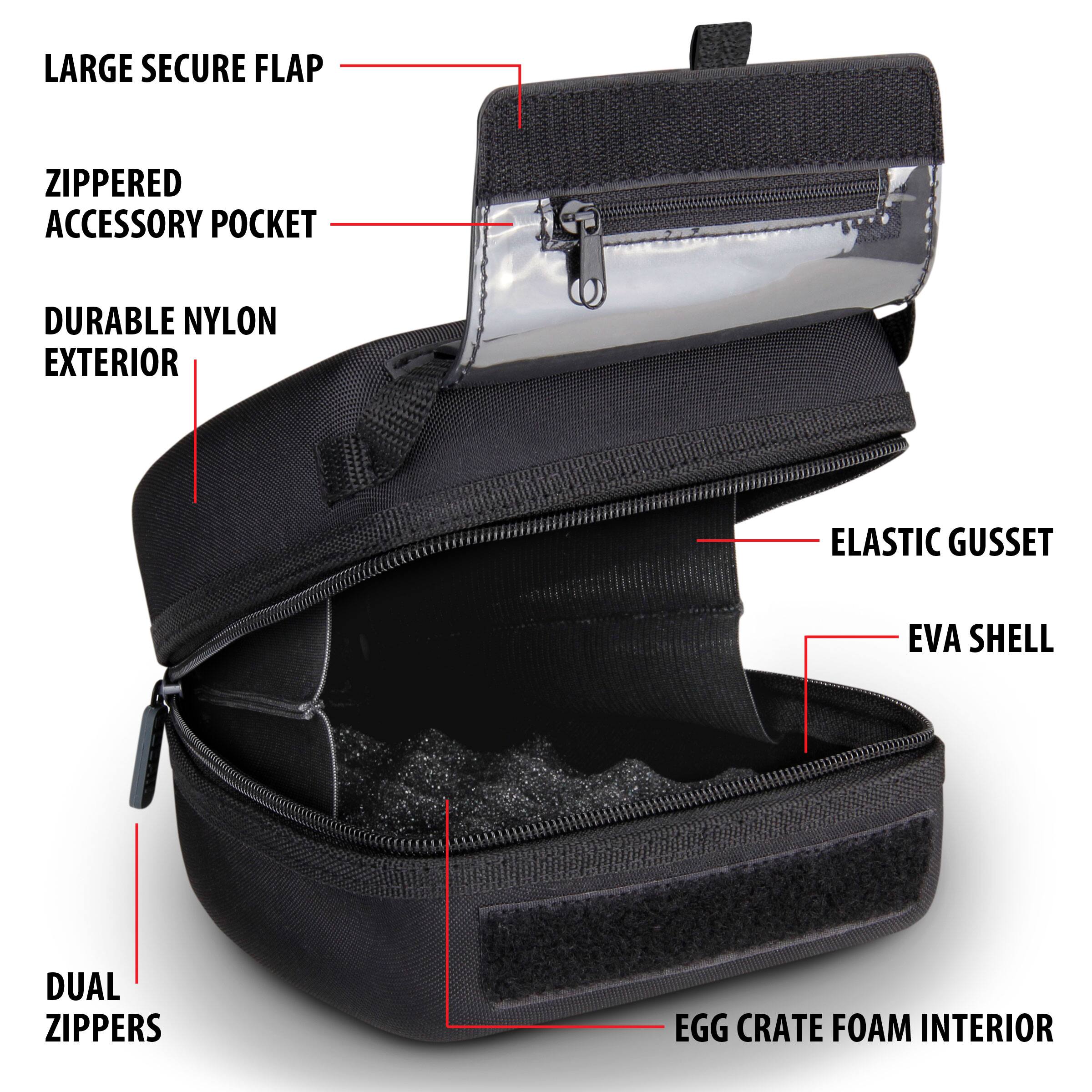 LARGE SECURE FLAP  
ZIPPERED ACCESSORY POCKET  
DURABLE NYLON EXTERIOR  
ELASTIC GUSSET  
EVA SHELL  
DUAL ZIPPERS  
EGG CRATE FOAM INTERIOR