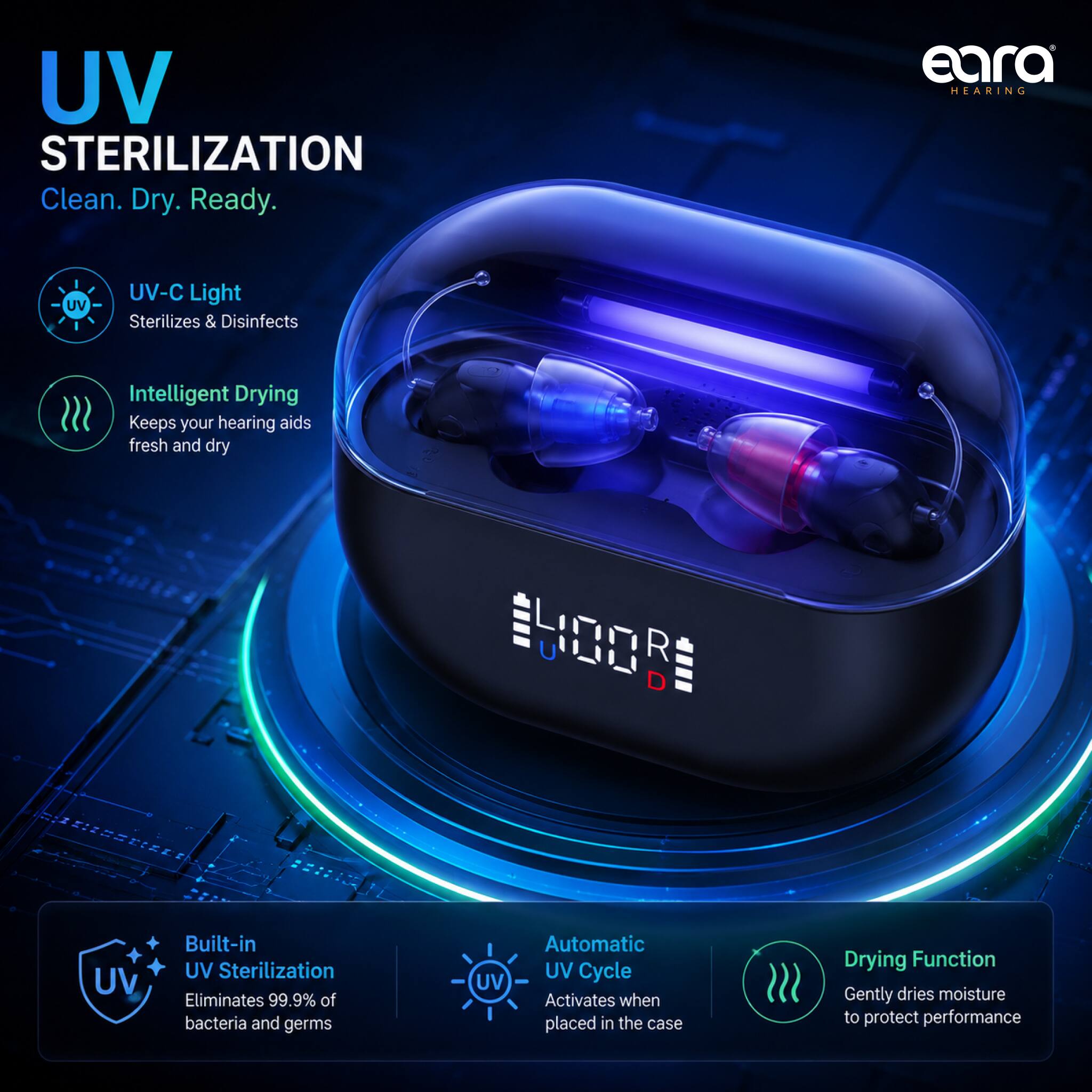UV STERILIZATION  
Clean. Dry. Ready.

eara HEARING

UV-C Light  
Sterilizes & Disinfects

Intelligent Drying  
Keeps your hearing aids fresh and dry

Built-in UV Sterilization  
Eliminates 99.9% of bacteria and germs

Automatic UV Cycle  
Activates when placed in the case

Drying Function  
Gently dries moisture to protect performance