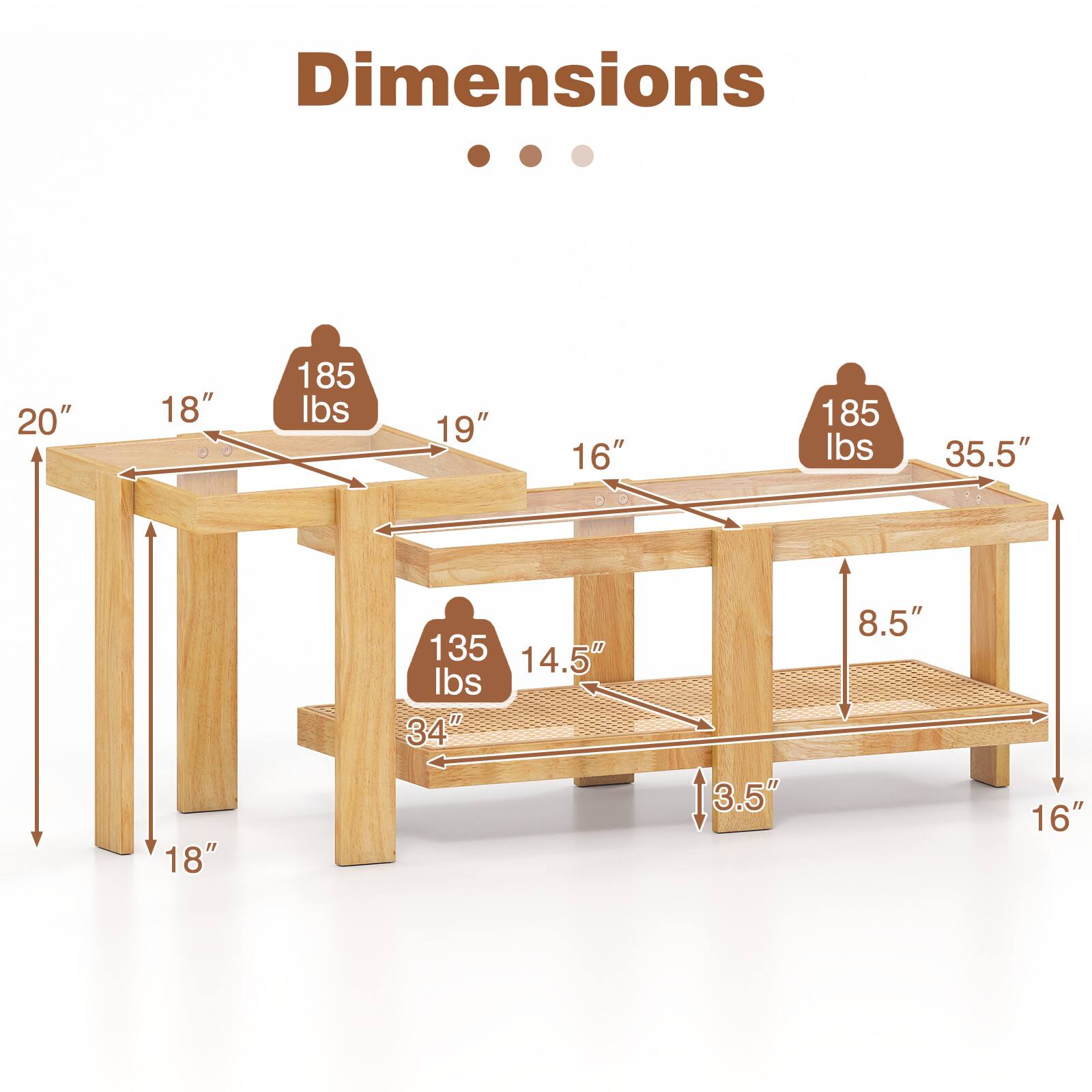 Dimensions: 20" x 18" (185 lbs), 19" x 16" (185 lbs), 35.5" x 18" (135 lbs), 34" x 14.5" (8.5" x 3.5" x 16")