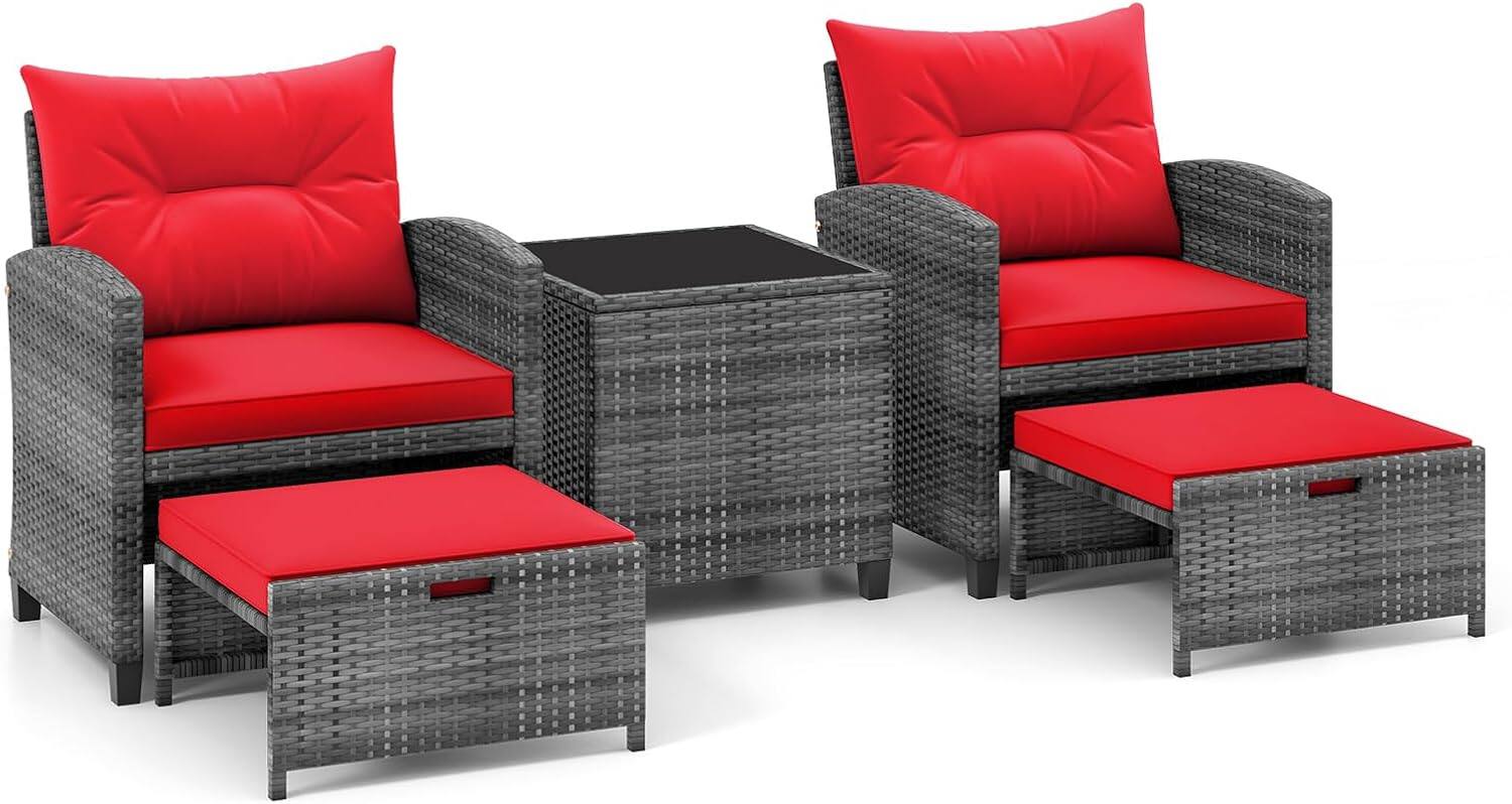 Alt View 5. Gymax - Gymax 5PCS Outdoor Rattan Furniture w/ 2 Ottomans & Tempered Glass Coffee Table Red - Red.
