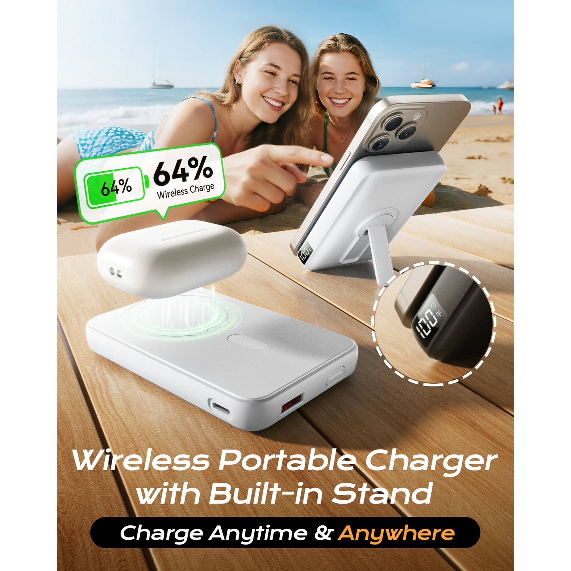 64% Wireless Charge

Wireless Portable Charger with Built-in Stand

Charge Anytime & Anywhere