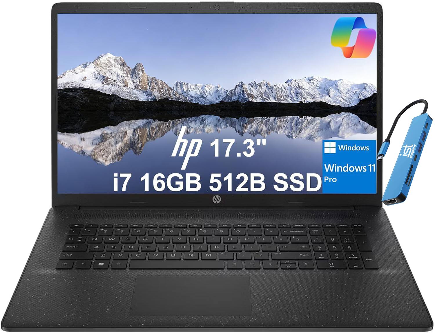 hp 17.3"  
Windows 11  
i7 16GB 512B SSD Pro