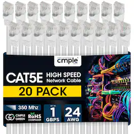 Cmple.com - Cmple - 20 Pack Cat5e Ethernet Cable 1.5ft Internet Patch Cord, RJ45, 1 Gigabit Router Cables 350Mhz LAN Wire - White