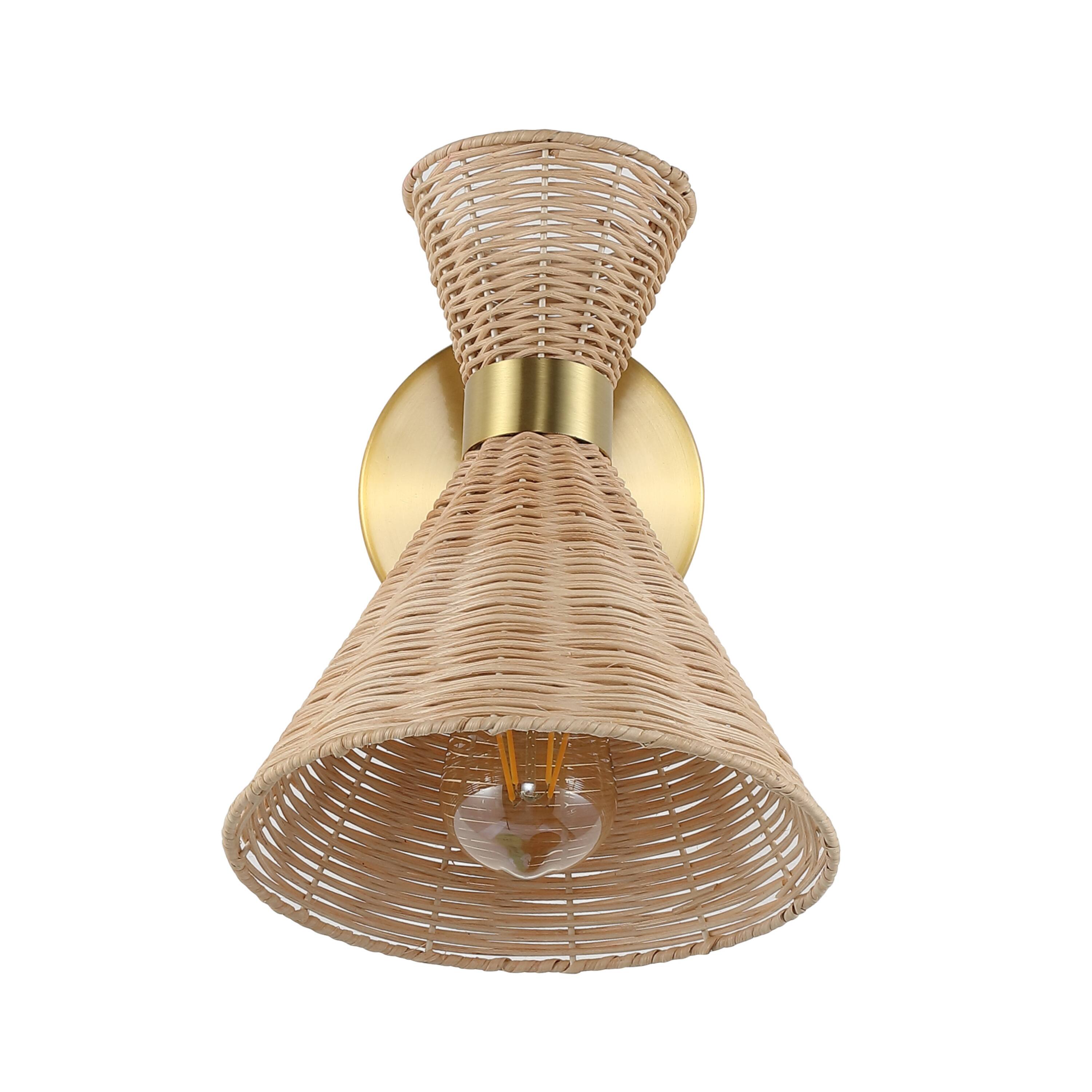 Alt View 7. Jonathan Y - Zoey 10" 1-Light Mid-Century Vintage Retro Rattan/Metal LED Sconce with Adjustable Shade, Light Brown/Brass Gold - Brass Gold/Light Brown.