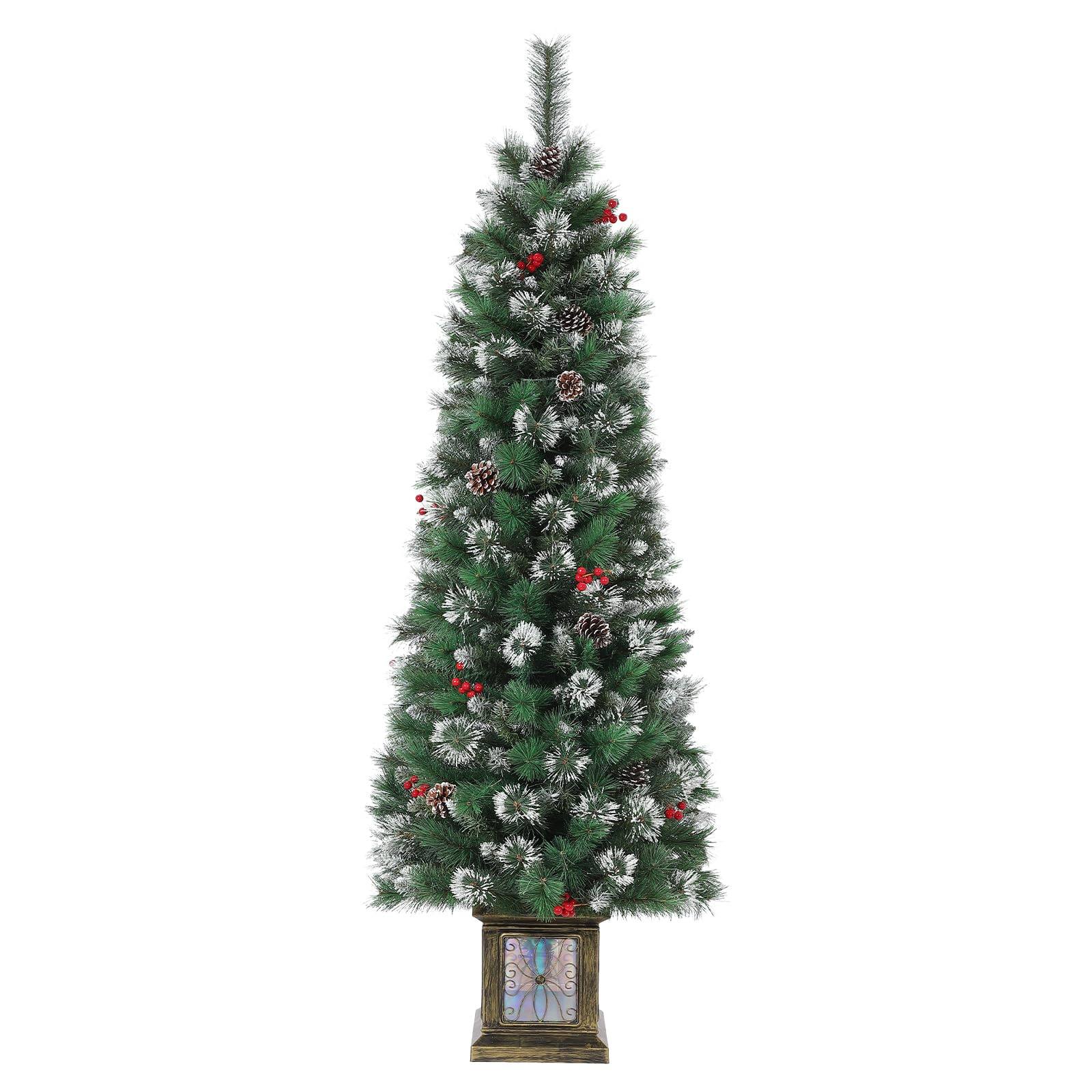 Front. Acekool - 7FT Potted Christmas Tree with 140 Warm Led Lights,Artificial Christmas Tree Outdoor Decor, Ninjas Light Box Pencil Tree - Green.