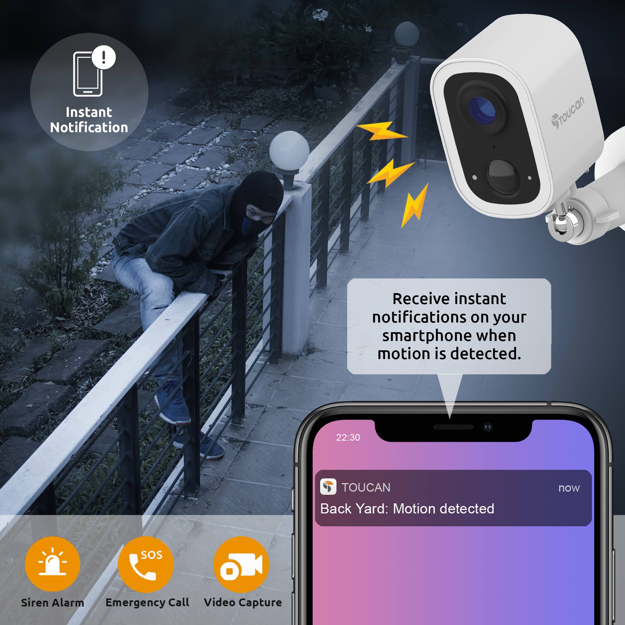 Instant Notification: Receive instant notifications on your smartphone when motion is detected.

22:30 TOUCAN now Back Yard: Motion detected

SOS Siren Alarm Emergency Call Video Capture