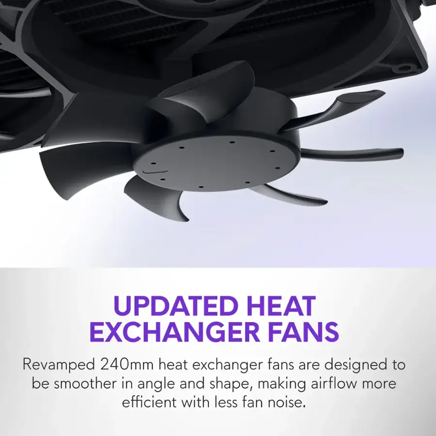 The image features a close-up view of a fan, possibly a heat exchanger fan, with a purple background. The text on the image reads, "Updated Heat Exchanger Fans Revamped 240mm heat exchanger fans are designed to be smoother in angle and shape, making airflow more efficient with less fan noise." This text describes the updated design of the heat exchanger fans, which are intended to improve performance and reduce noise.