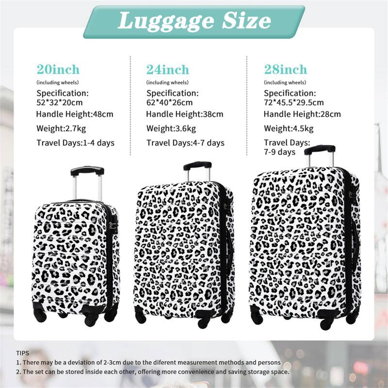 Luggage Size

20inch (including wheels)
- Specification: 52*32*20cm
- Handle Height: 48cm
- Weight: 2.7kg
- Travel Days: 1-4 days

24inch (including wheels)
- Specification: 62*40*26cm
- Handle Height: 38cm
- Weight: 3.6kg
- Travel Days: 4-7 days

28inch (including wheels)
- Specification: 72*45.5*29.5cm
- Handle Height: 28cm
- Weight: 4.5kg
- Travel Days: 7-9 days

TIPS
1. There may be a deviation of 2-3cm due to the different measurement methods and persons.
2. The set can be stored inside each other, offering more convenience and saving storage space.