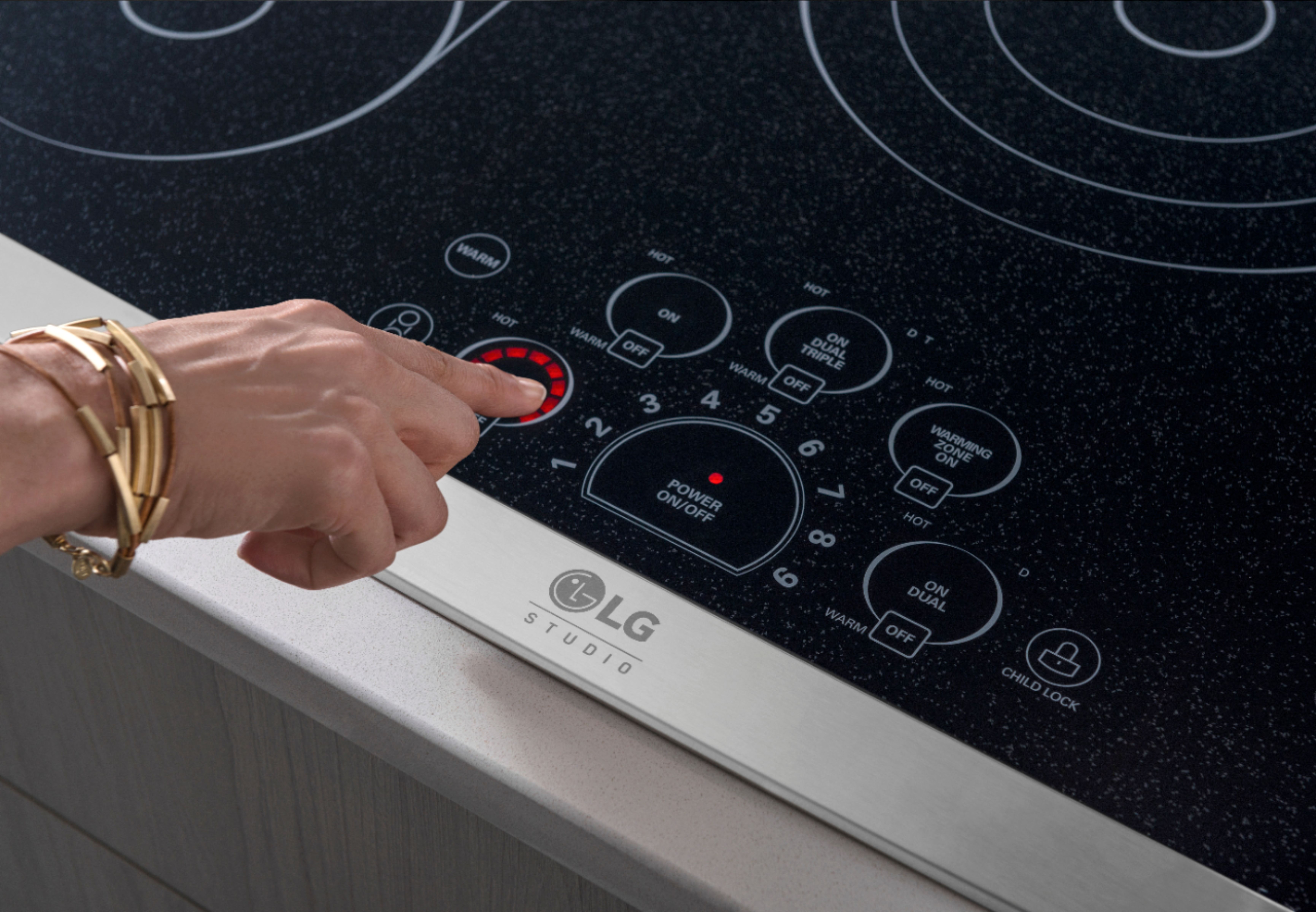 Left View: LG - STUDIO 30" Built-In Electric Cooktop with 5 Elements, Hot Surface Indicator and Warming Zone - Stainless steel