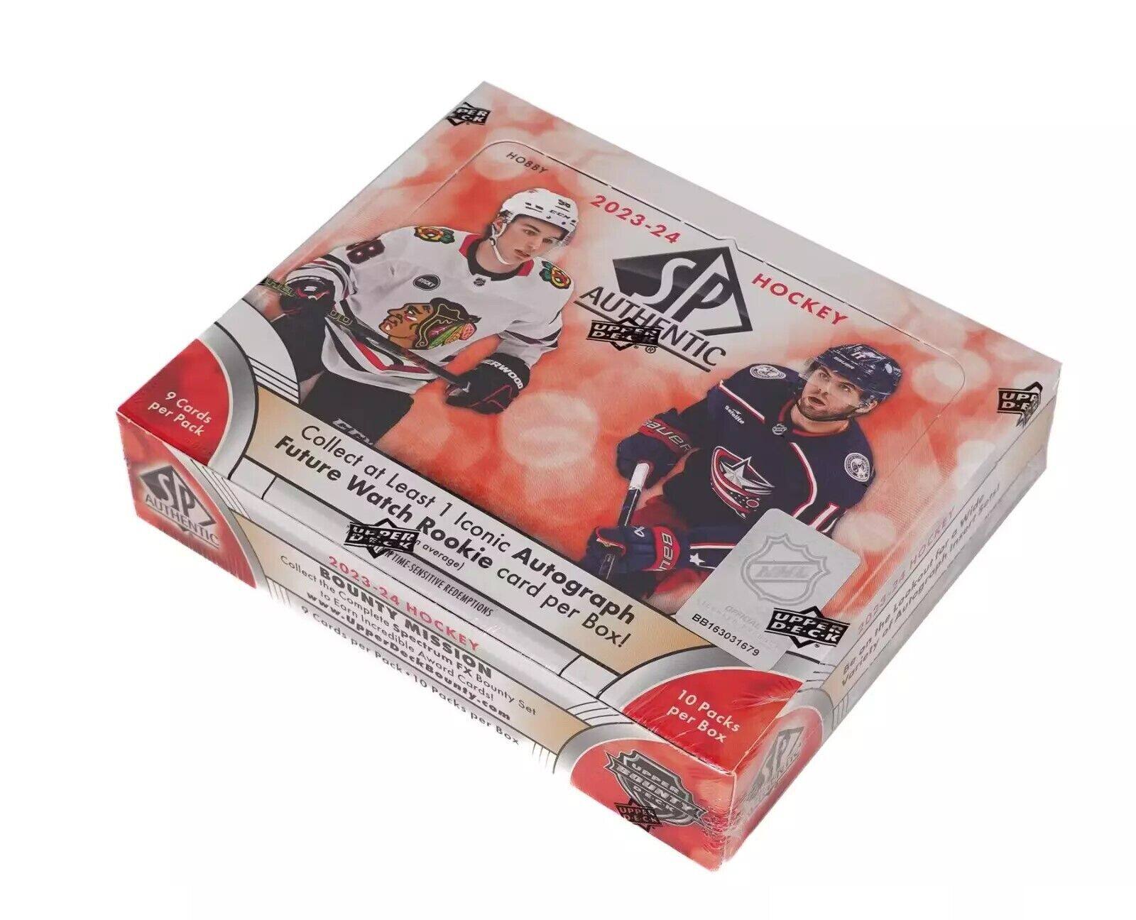 9 Cards per Pack  
Authentic SP Hockey 2023-24  
Collect a Future at Least 1 Iconic Rookie Autograph Card per Box!  
10 Packs per Box  
SP Authentic  
Upper Deck  
Collect at Least 1 Iconic Rookie Autograph Card per Box!  
10 Time-Sensitive Redemptions  
Upper Deck  
Collect a Future