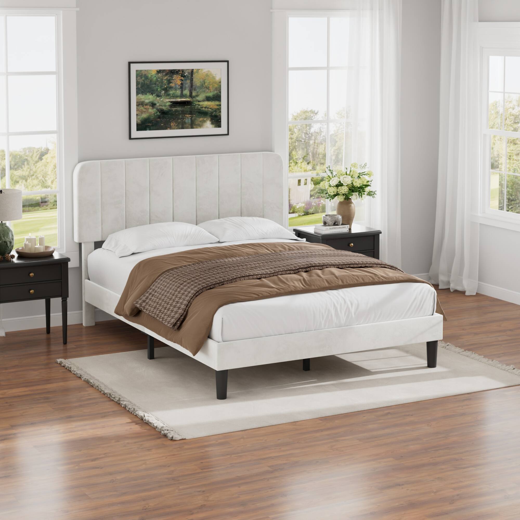 Alt View 3. Vecelo - Queen Bed Frame w/ Padded Headboard & Platform, Reinforced Wood Slats - No Box Spring, Velvet Dark Blue - Easy Assembly - White.