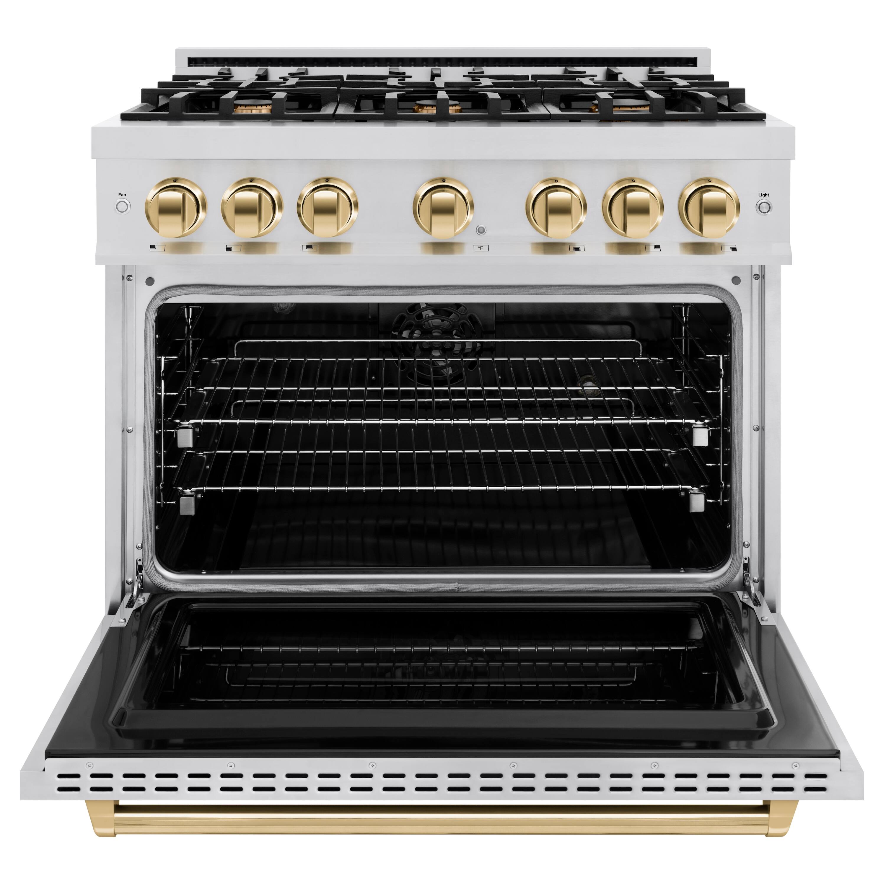Angle. ZLINE - ZLINE Autograph 36" Classic Dual Fuel Range w/ 6 Burners & Polished Gold Accents (CDRZ-36-G) - Stainless Steel.