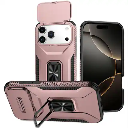 Front. Kitcheniva - Full Coverage Metal Stand Case With Lens Cover And Tempered Glass For iPhone 17 Pro Max Rose Gold - Rose Gold.