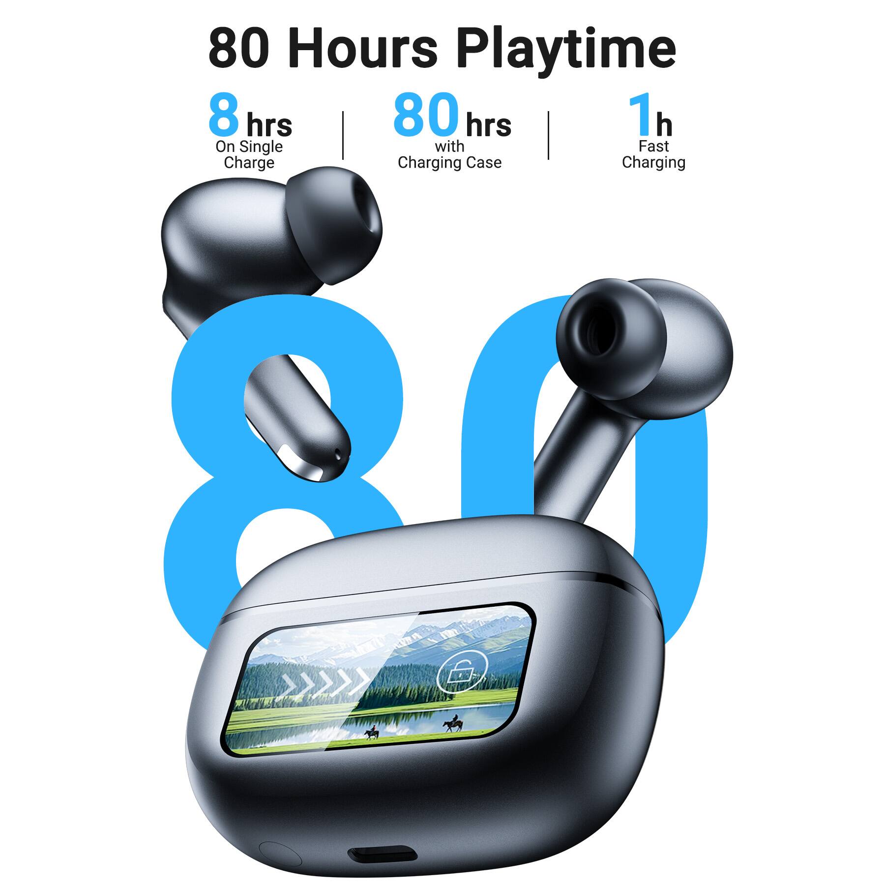 80 Hours Playtime  
8 hrs On Single Charge  
80 hrs with Charging Case  
1 h Fast Charging
