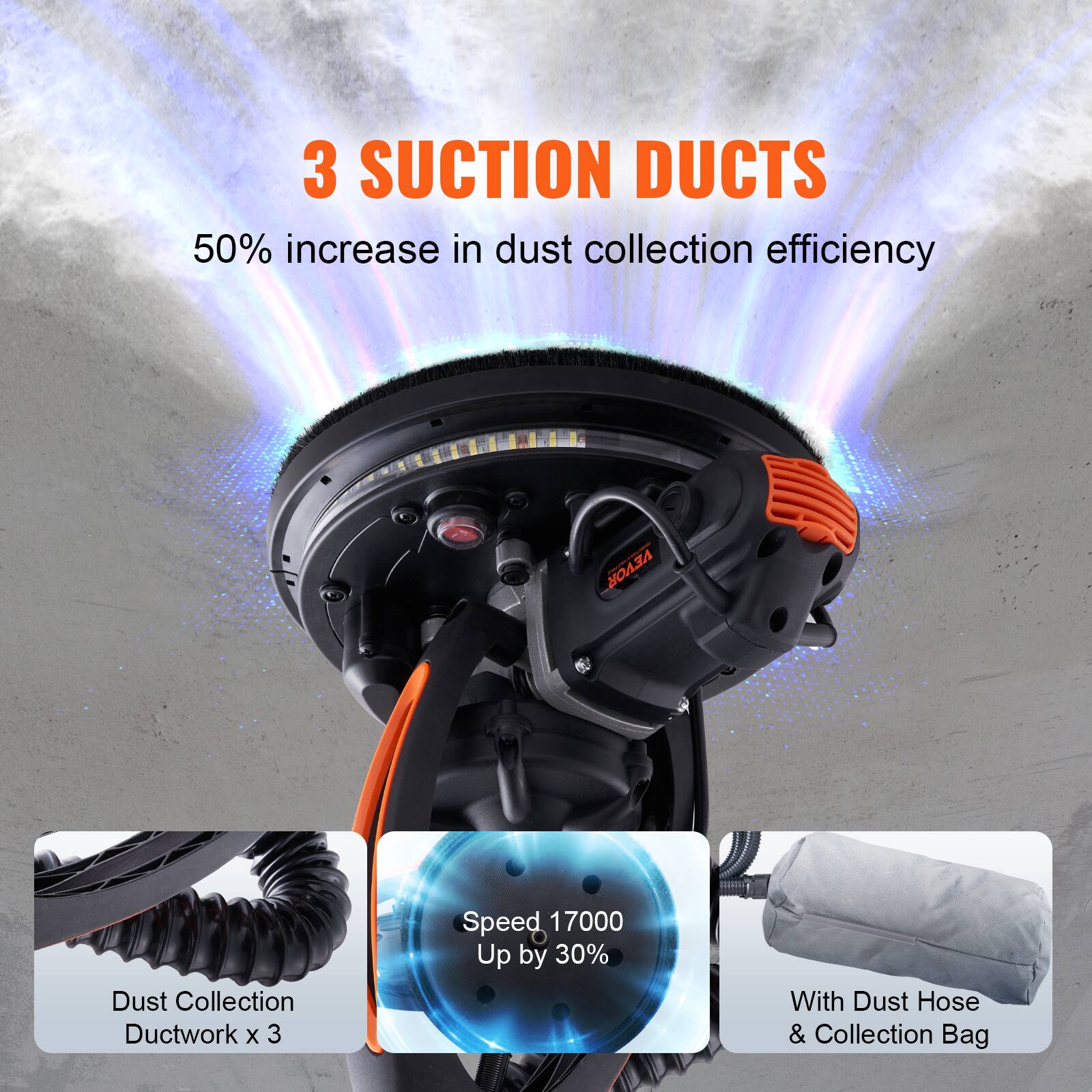 3 SUCTION DUCTS  
50% increase in dust collection efficiency

VEVOR  
Dust Collection Ductwork x 3  
Speed 17000 Up by 30%  
With Dust Hose & Collection Bag