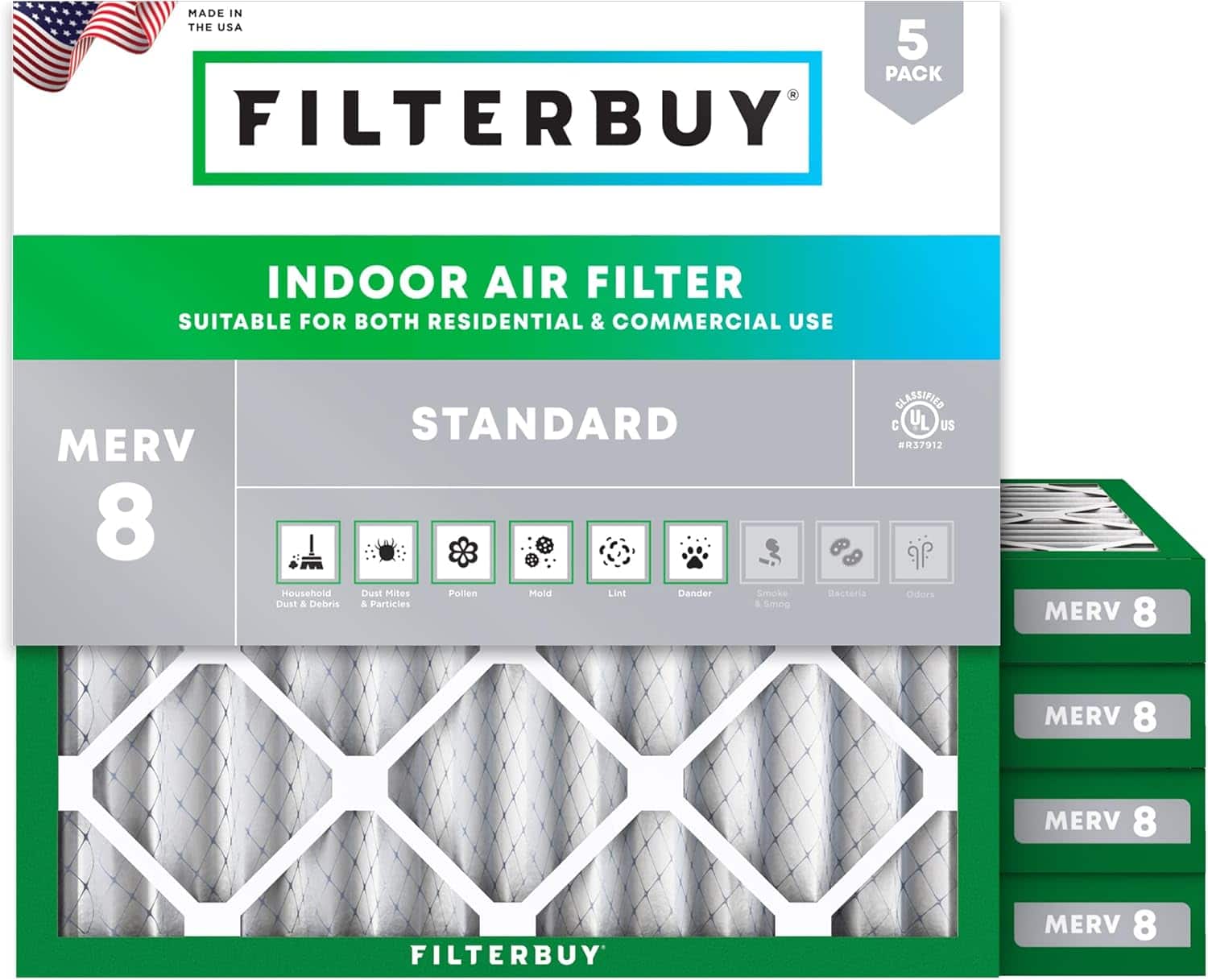 Filterbuy - 10x10x2 MERV 8 Dust & Allergy Defense, Electrostatic Pleated HVAC AC Furnace Air Filters Replacement (5-Pack) - Silver