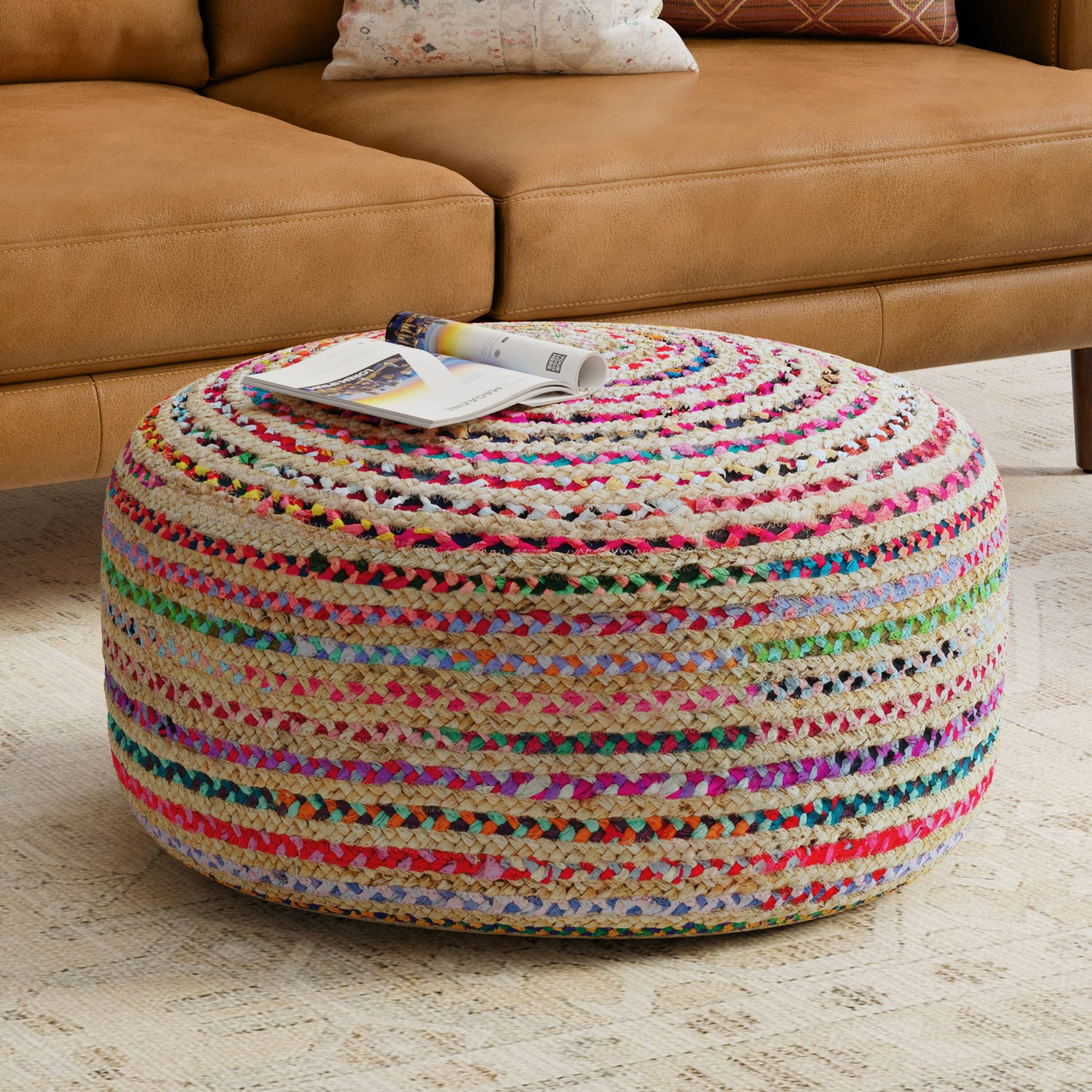 Angle. Simpli Home - Simpli Home Margo 30 inch Wide Round Pouf in Multi-Color Handwoven Jute and Cotton - Multi Color.