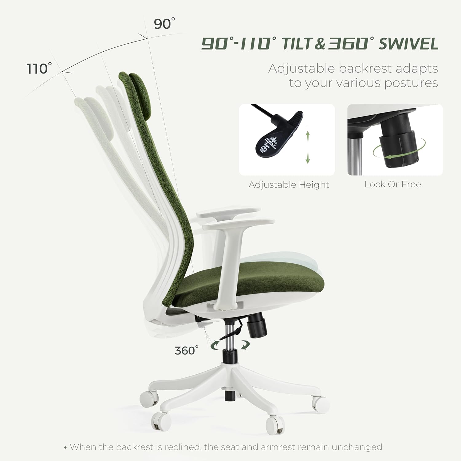 90°-110° TILT & 360° SWIVEL  
Adjustable backrest adapts to your various postures  

Adjustable Height  
Lock Or Free  

When the backrest is reclined, the seat and armrest remain unchanged