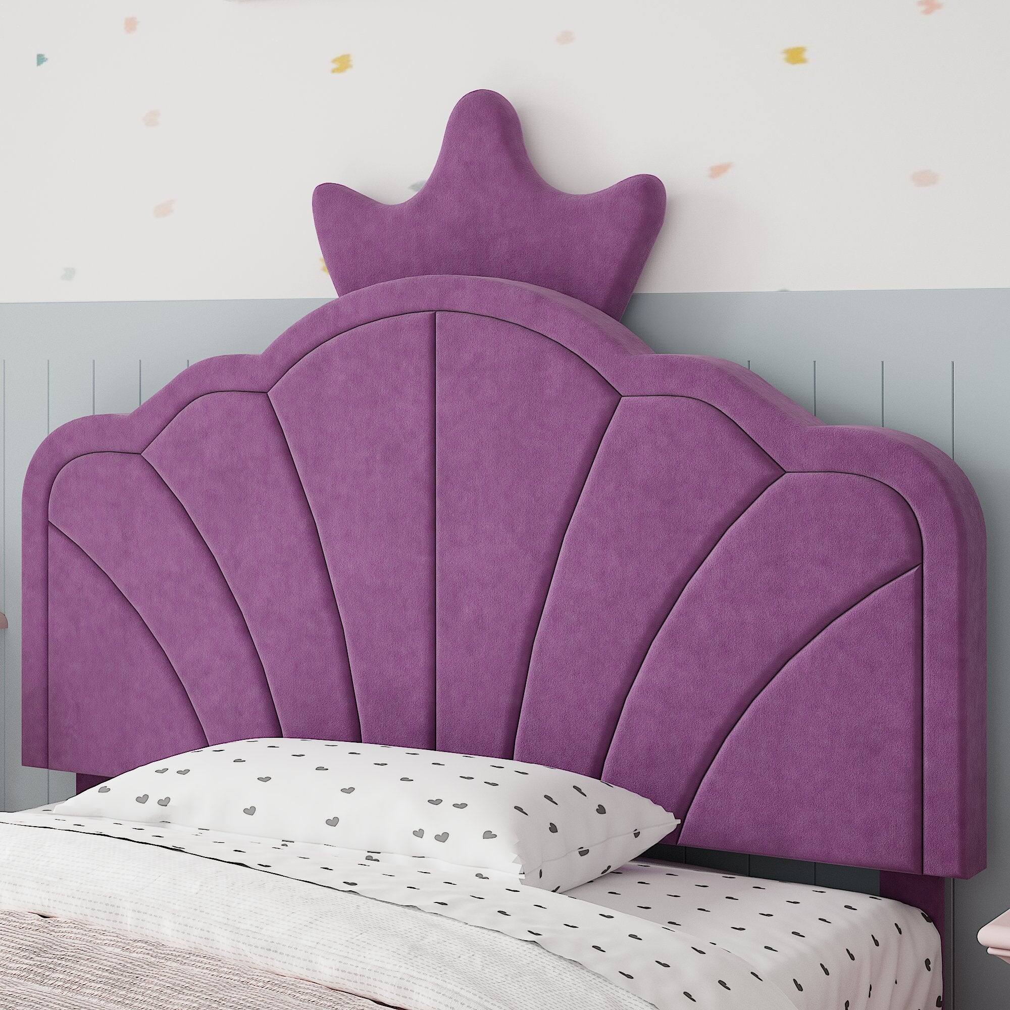 Alt View 1. Vecelo - Kids Princess Bed Frame with Crown Headboard, Upholstered Velvet Twin Bed for Girls - Purple.