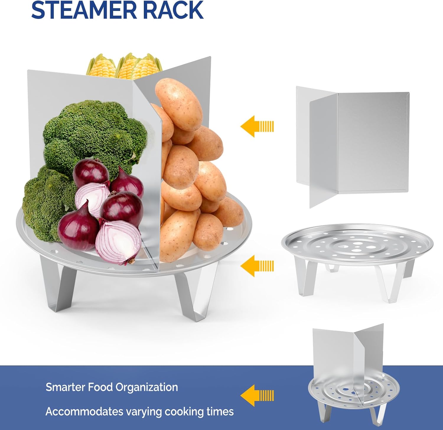 STEAMER RACK

Smarter Food Organization  
Accommodates varying cooking times