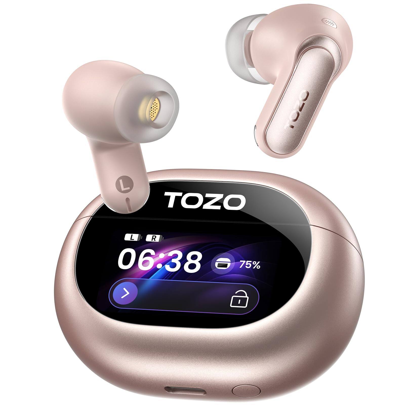 TOZO - NC20 Pro ANC Earbuds – Touch Screen, LDAC Hi-Res, 6-Mic AI Calls, 80H Playtime, IPX8, Wireless Charge - Rose Gold