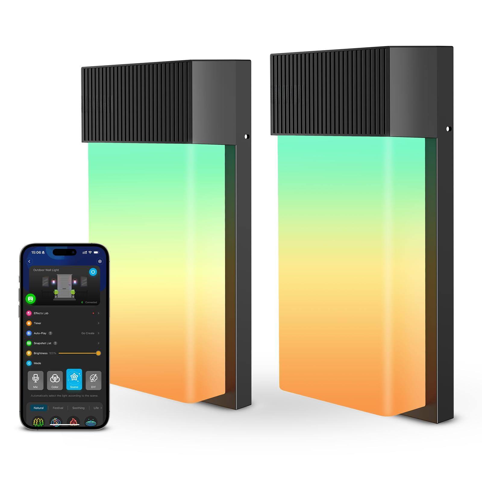 15:00:40  
Outdoor Wall Light  

Effect Lab  
Timer  
Auto Pair  
Graph Plot List  
Brightness 100%  

Mode  
Mad  
Galleria  
Rainbow  
DIY  

Natural  
Feature  
Soothing  
Like  

Automation: Select the light according to the scene