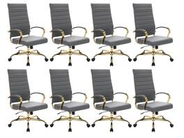 LeisureMod - Set of 8 Benmar Modern Contemporary High-Back Leather Executive Office Chair with Ribbed Design and Padded Armrests - Gray