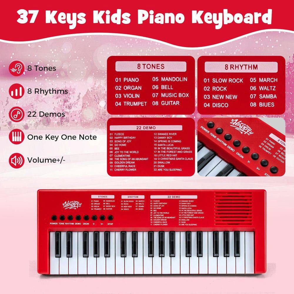 37 Keys Kids Piano Keyboard

- 8 Tones
  - 01 PIANO
  - 02 ORGAN
  - 03 VIOLIN
  - 04 TRUMPET
  - 05 MANDOLIN
  - 06 BELL
  - 07 MUSIC BOX
  - 08 GUITAR

- 8 Rhythms
  - 01 SLOW ROCK
  - 02 ROCK
  - 03 NEW NEW
  - 04 DISCO
  - 05 MARCH
  - 06 WALTZ
  - 07 SAMBA
  - 08 BLUES

- 22 Demos
  - 01 FLEECE
  - 02 HAPPY BIRTHDAY
  - 03 SONG OF JOY
  - 04 GO HOME
  - 05 SWANEE RIVER
  - 06 DANNY BOY
  - 07 SPRING IS COMING
  - 08 SANTA LUCIA
  - 09 JOY TO THE WORLD
