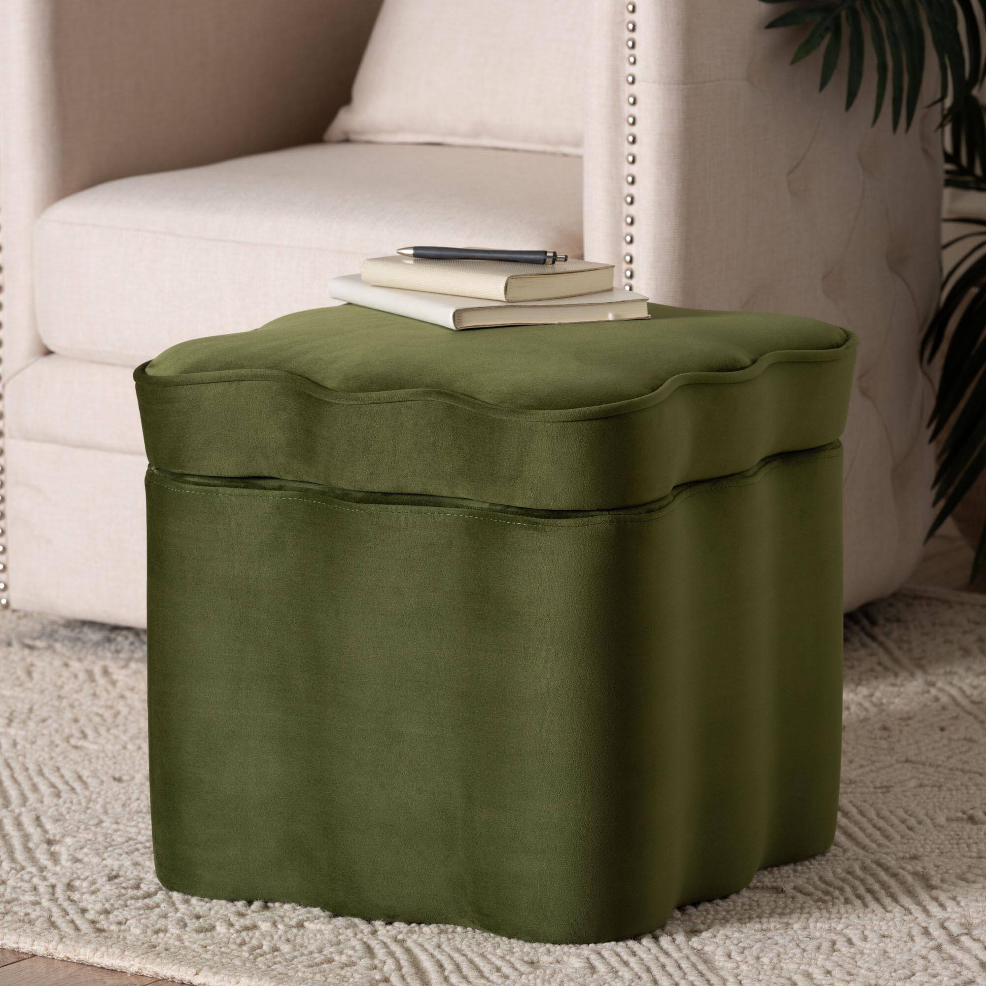 Alt View 1. Baxton Studio - Paulina Velvet Storage Ottoman - Lid Top Accent Stool with Interior Storage and Scalloped Outline - Moss Green/Black.