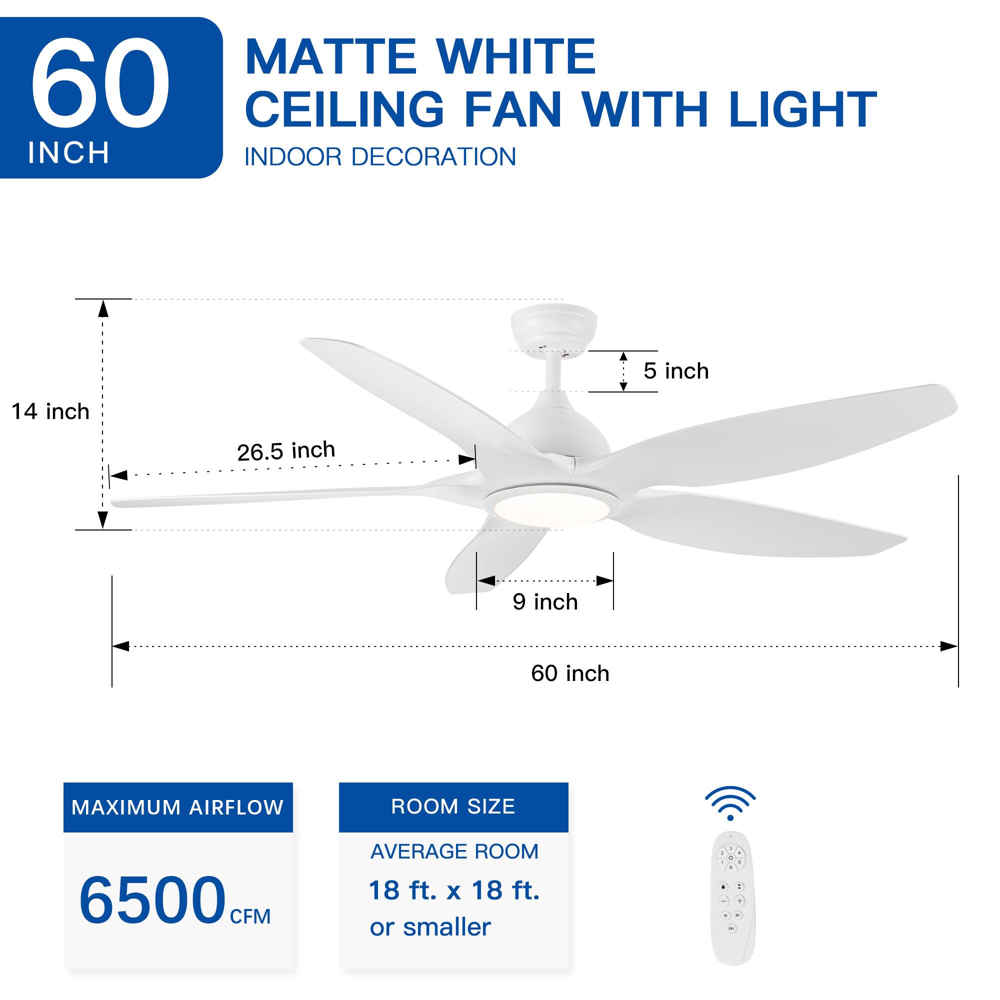 MATTE WHITE CEILING FAN WITH LIGHT  
60 INCH  
INDOOR DECORATION  

14 inch  
26.5 inch  
9 inch  
5 inch  

MAXIMUM AIRFLOW  
6500 CFM  

ROOM SIZE  
AVERAGE ROOM 18 ft. x 18 ft. or smaller