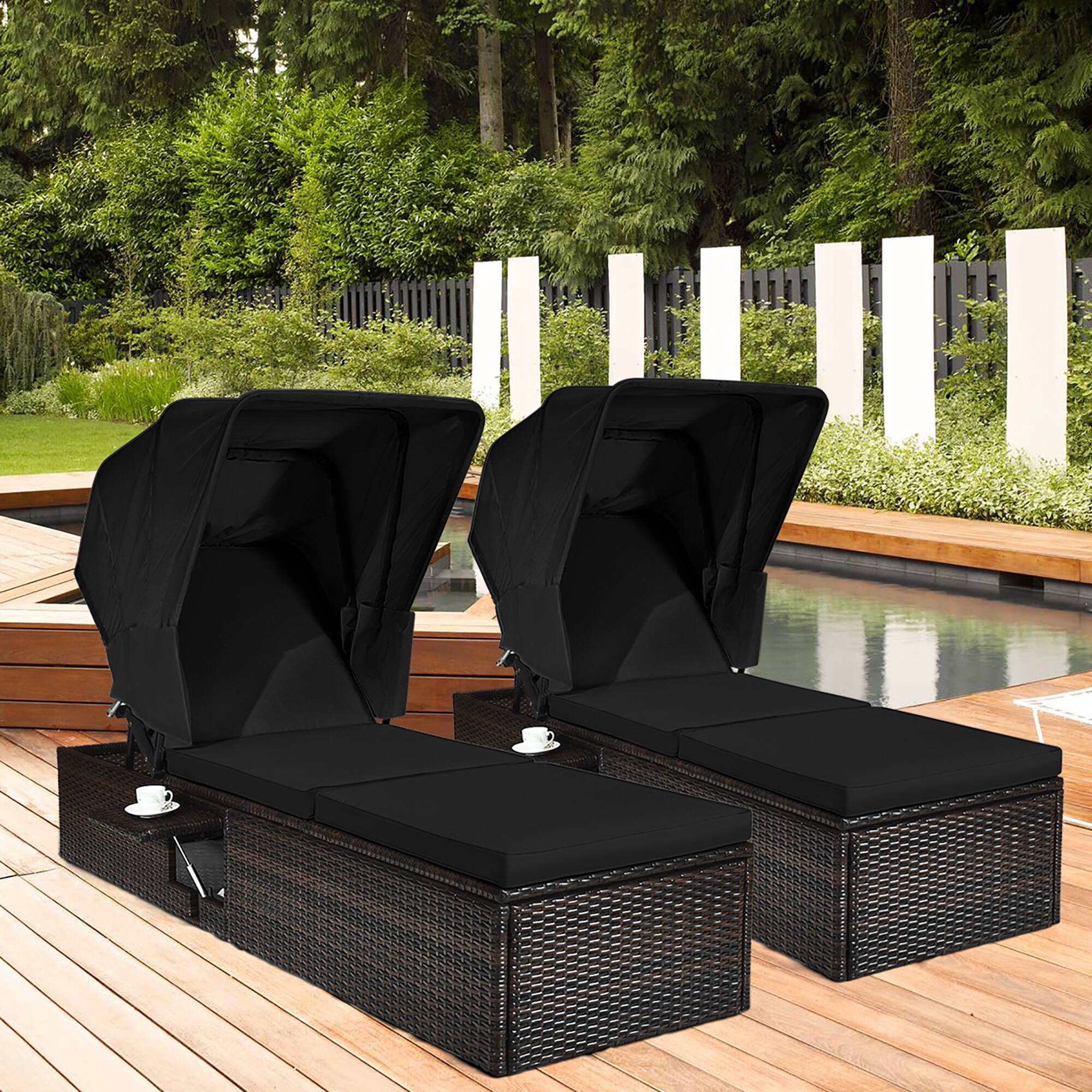 Alt View 1. Costway - Costway 2PCS Patio Rattan Lounge Chair Chaise Cushion Canopy Adjustable Tea Table - Black.