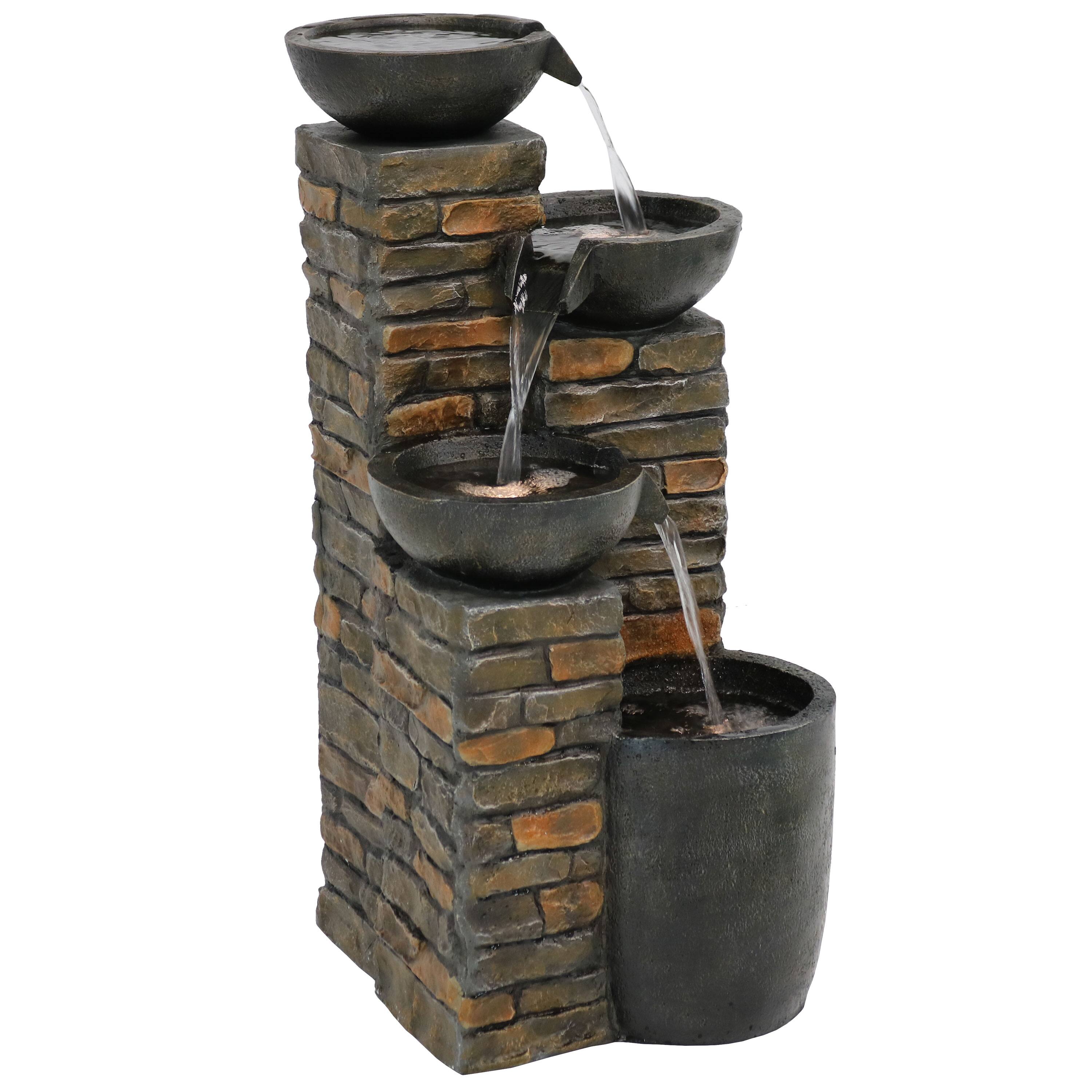 Alt View 7. Sunnydaze - Staggered Bowls Tiered Water Fountain with LED Lights - 34 in - Brown.
