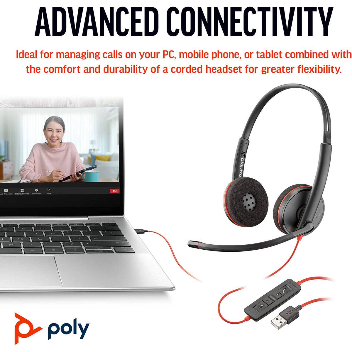 ADVANCED CONNECTIVITY  
Ideal for managing calls on your PC, mobile phone, or tablet combined with the comfort and durability of a corded headset for greater flexibility.  
plantro 5  
poly