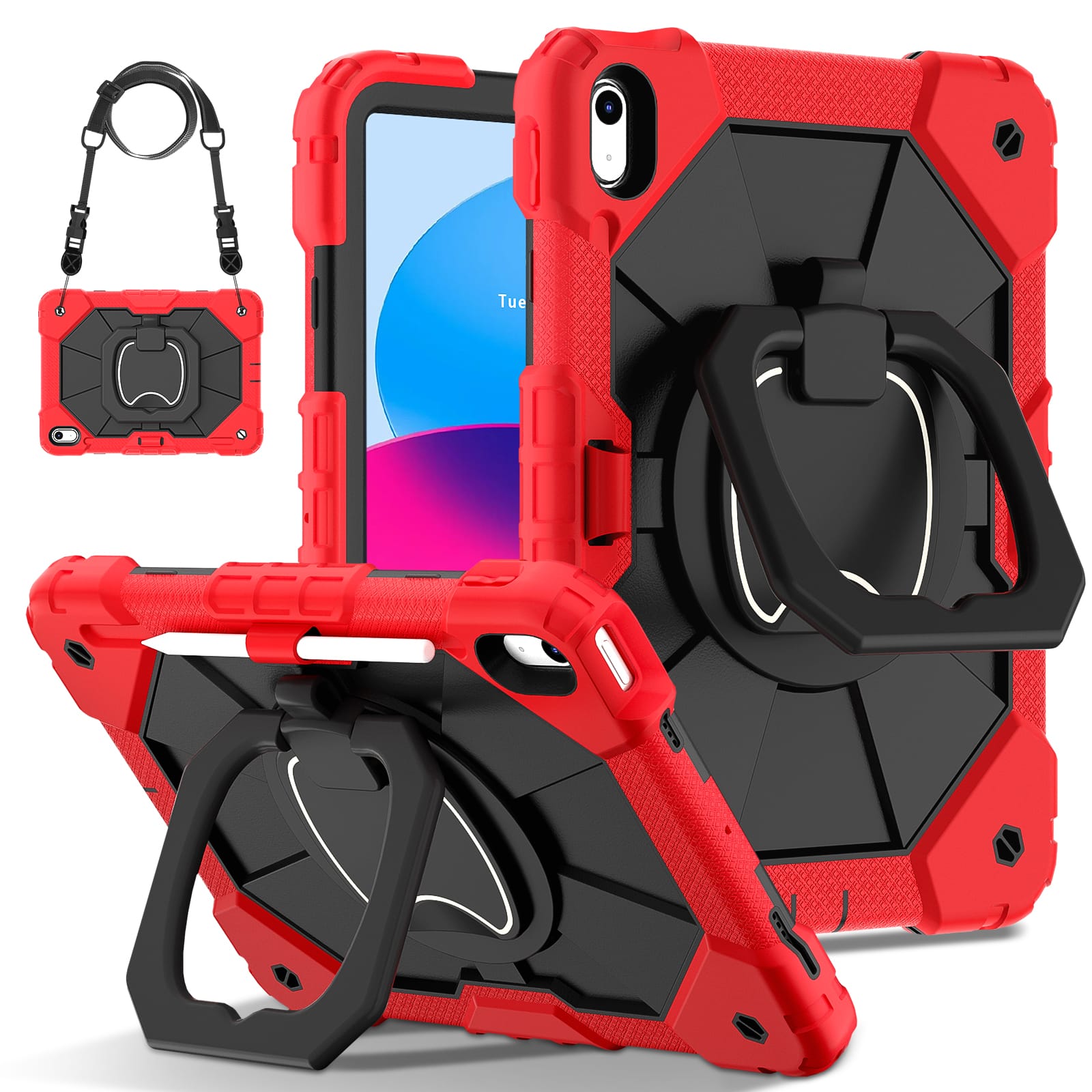 Dteck - Case for Apple iPad mini (A17 Pro) 2024 and iPad mini 6th 2021, 3-Layer Rugged Kickstand Handle Grip Cover+Strap - Red Black