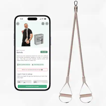 9:41 - Every Rep Counts 4.4 (34 reviews) Bands Buy Bonds are smart resistance bands that track your workouts and provide personalized feedback through a connected app. They help you build strength, improve cardio, and create healthy habits for a better you. 100+ guided workouts, total body training. Watch our YouTube tutorials and tips. Learn how to set up. Before you begin, let's get your bands set up in just a few easy steps! 1/4 2/4 I'm ready to connect