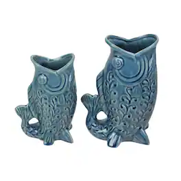Zeckos - Fish Decorative Vases Set of 2 Glossy Ceramic Coastal Tabletop - Blue