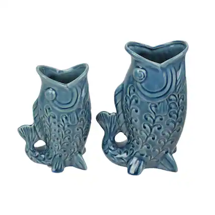 Front. Zeckos - Blue Fish Decorative Vases Set of 2 Glossy Ceramic Coastal Tabletop - Blue.
