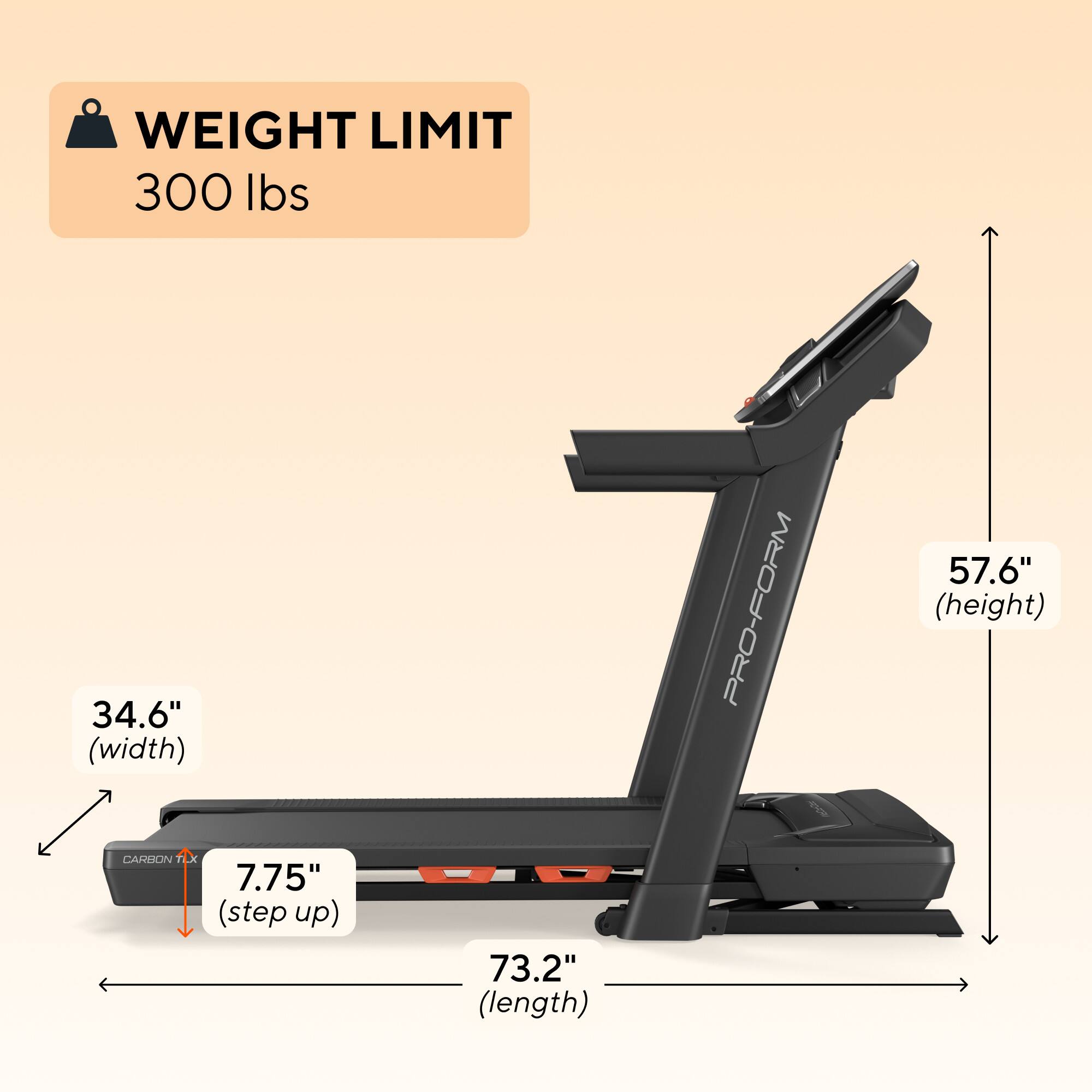 WEIGHT LIMIT 300 lbs  
34.6" (width)  
57.6" (height)  
7.75" (step up)  
73.2" (length)
