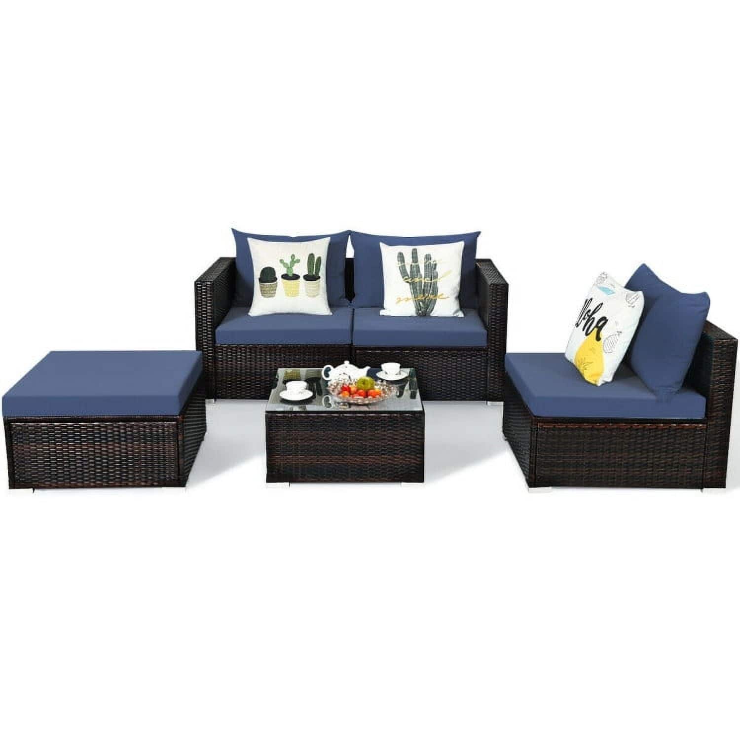 Kadyn - 5 Pcs Patio Rattan Sectional Furniture Set with Cushions and Coffee Table -Navy, Patio Seating Conversation - Blue