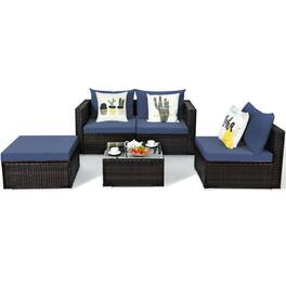 Kadyn - 5 Pcs Patio Rattan Sectional Furniture Set with Cushions and Coffee Table -Navy, Patio Seating Conversation - Blue