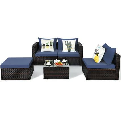 Front. Kadyn - 5 Pcs Patio Rattan Sectional Furniture Set with Cushions and Coffee Table -Navy, Patio Seating Conversation - Blue.
