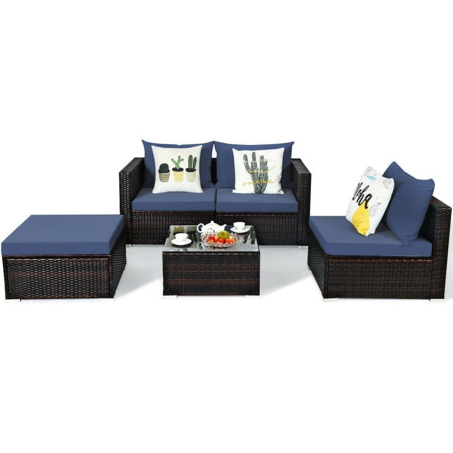 Front. Kadyn - 5 Pcs Patio Rattan Sectional Furniture Set with Cushions and Coffee Table -Navy, Patio Seating Conversation - Blue.